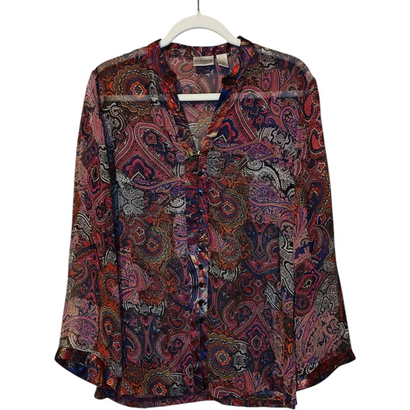 Chico's 100% Silk Paisley Popover Blouse Semi Sheer Floral Silky Trim Women's M - Picture 1 of 7